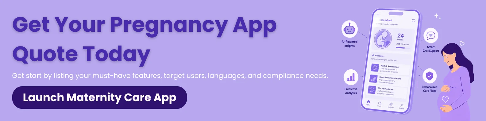 Promotional banner for a pregnancy app quote service with AI-powered maternity care app features and a call-to-action button.
